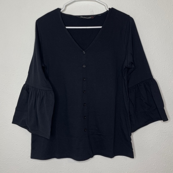 Colleen Lopez Flutter Sleeve Blouse Top V-Neck Size Small Black - Picture 1 of 9